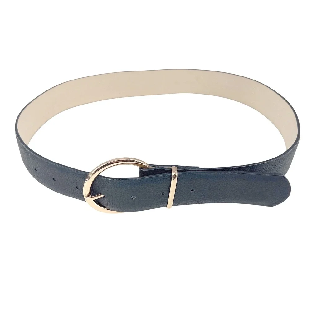 Adrienne Vittadini Womens Wide Black Belt Rose Gold Round Buckle Classic S | M